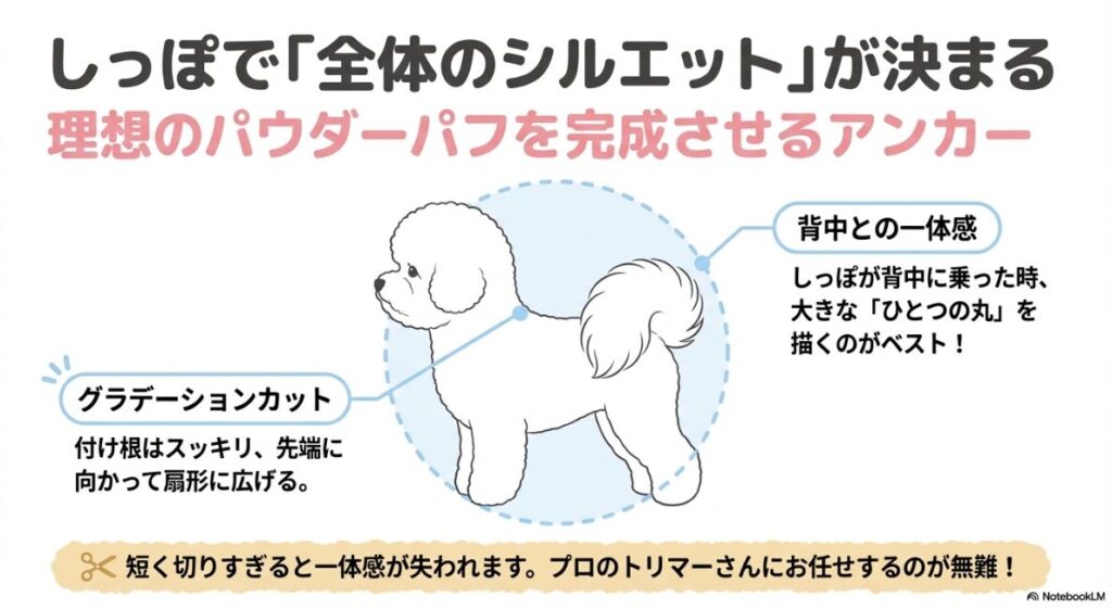 背中としっぽが一体となって「一つの丸」を描くシルエットと、付け根をスッキリさせるグラデーションカットのポイント