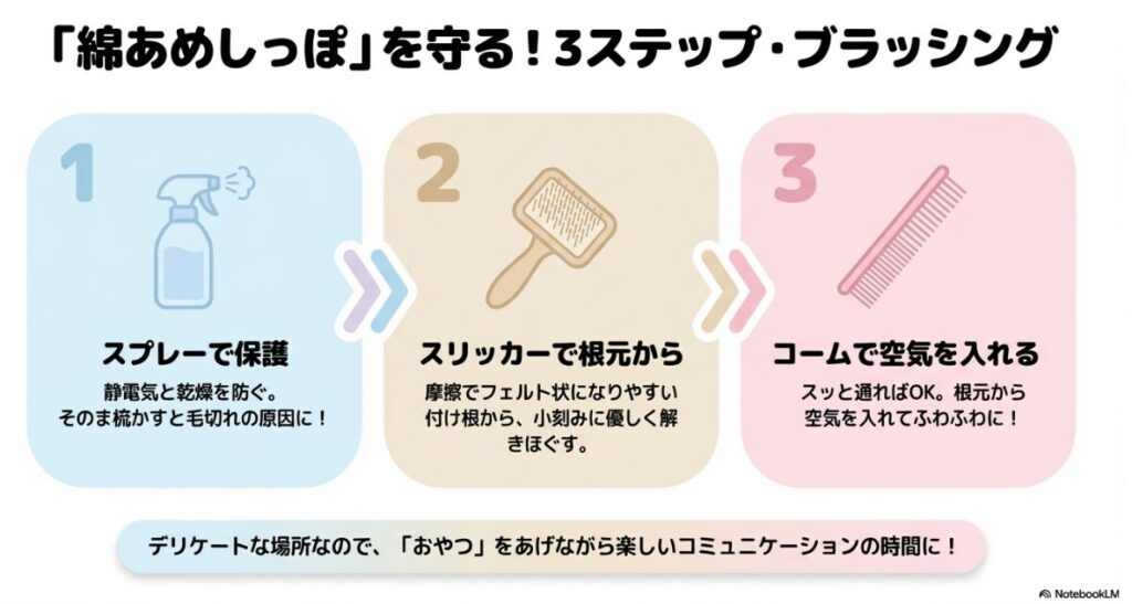 1.スプレー保護、2.スリッカーでの根元からの解きほぐし、3.コームでの仕上げの3段階を説明するケア図解。
