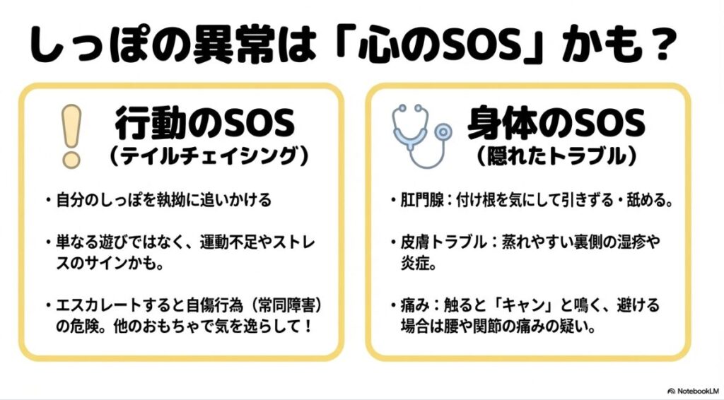 テイルチェイシング（精神面）と、肛門腺・皮膚・関節の痛み（肉体面）のチェックポイントをまとめた注意喚起スライド。
