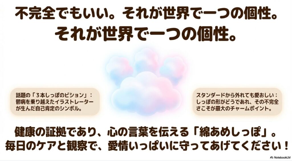 スタンダードから外れた不完全さも個性として愛でるメッセージを込めたスライド。