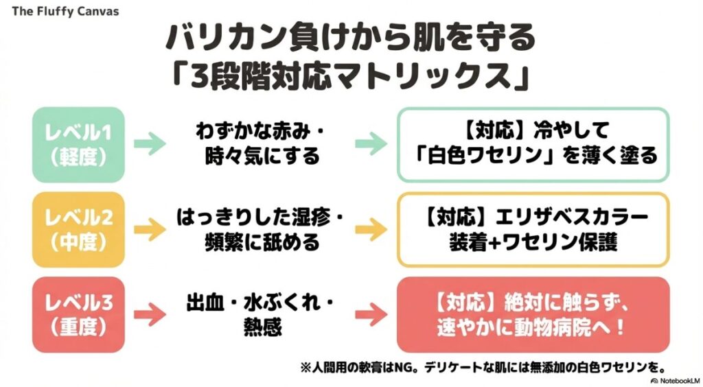 バリカン負けの状態を3段階に分け、軽度・中度・重度それぞれの症状と、ワセリン塗布や通院などの対応方法をまとめた表
