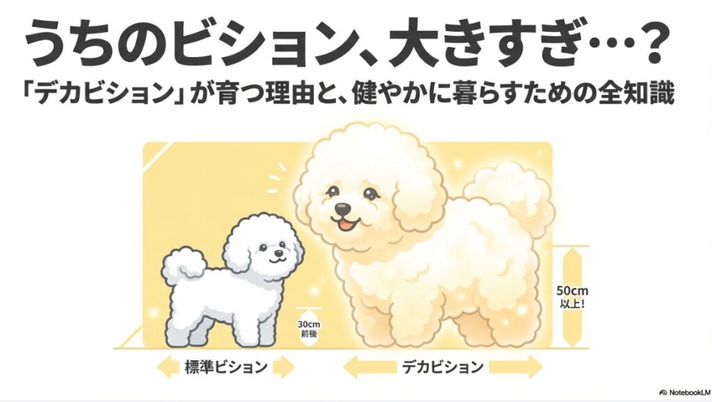 体高30cm前後の標準的なビションフリーゼと、体高50cm以上のデカビションのサイズ感を比較したイラスト。