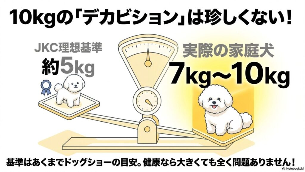 天秤の左側にJKC基準の約5kg、右側に実際の家庭犬に多い7kgから10kgの重さを表示し、健康なら大きくても問題ないことを示す図解。