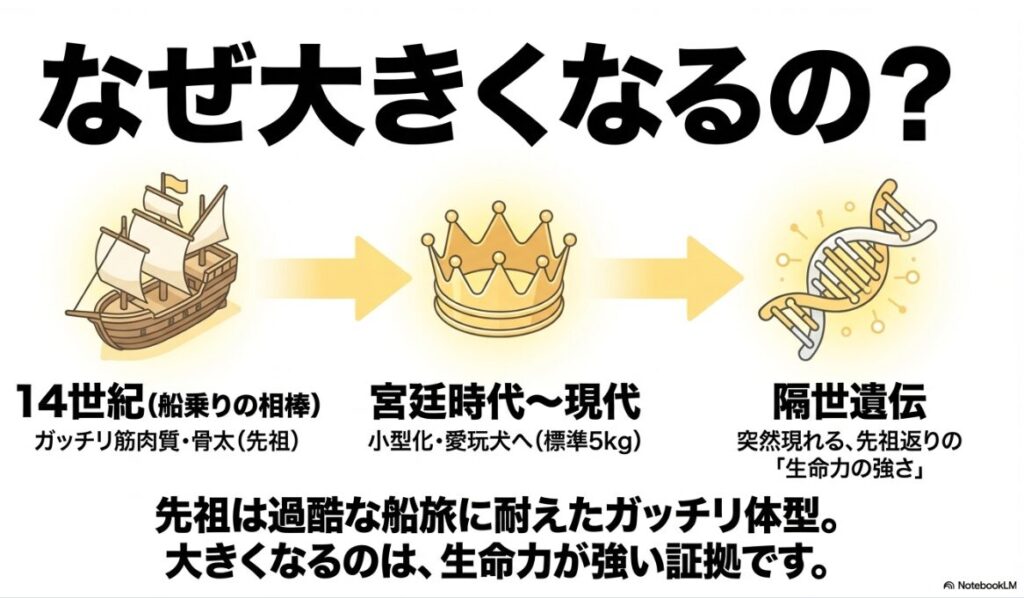 14世紀の船乗りの相棒としてのガッチリした先祖から、現代の愛玩犬への変化と、隔世遺伝による先祖返りを説明するイラスト。