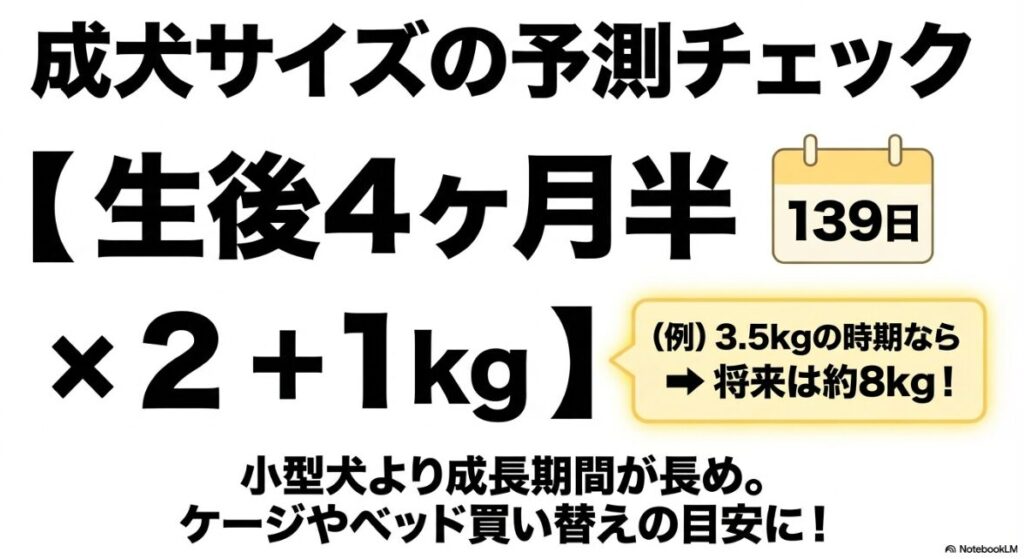 生後4ヶ月半（139日）時点の体重から成犬時のサイズを予測する計算式（体重×2+1kg）と、3.5kgの子は将来約8kgになるという予測例。
