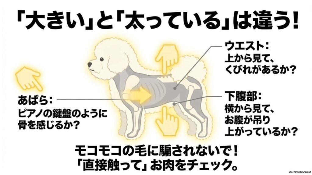 ピアノの鍵盤のようなあばらの感触、上から見たウエストのくびれ、横から見たお腹の吊り上がりを確認する3つのステップの図解。