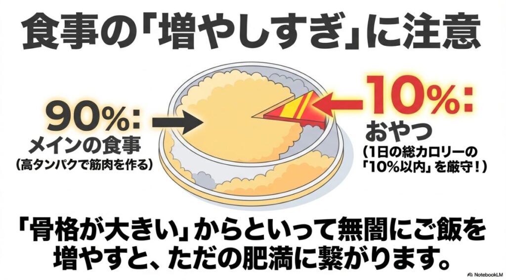 メインの食事を9割、おやつを1割以内に抑えるルールを説明し、骨格が大きいからといって無闇に食事を増やさないよう注意を促すグラフ。