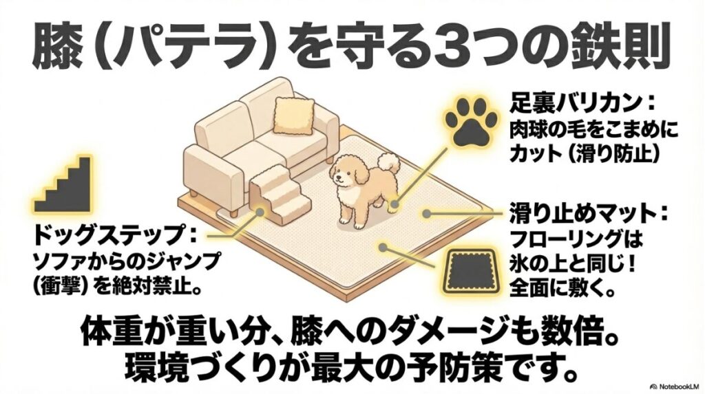 ソファの段差を解消するステップ、滑り止めのマット、足裏の毛のカットの3点を示し、体重が重い個体の関節を守るための環境づくりを説明する図。