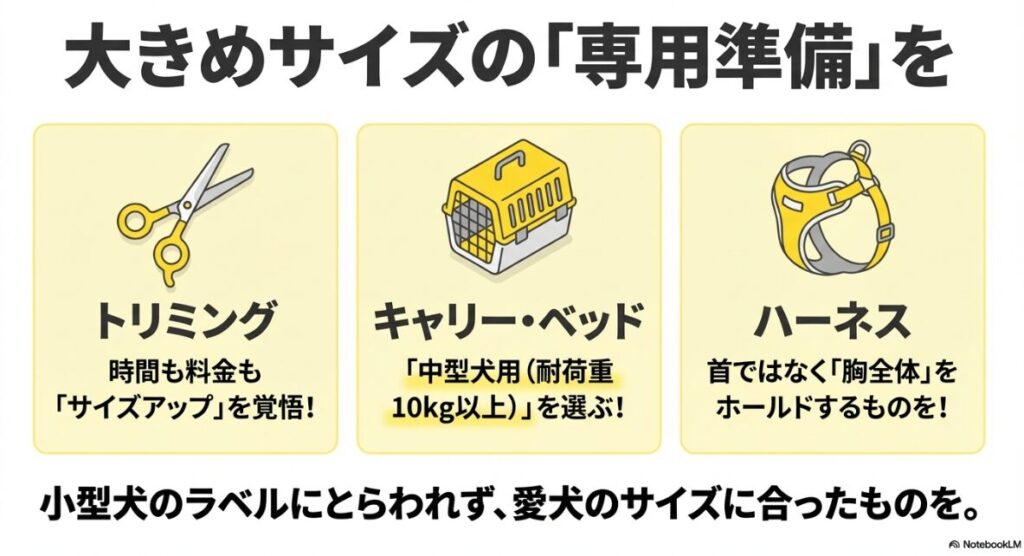 サイズアップ料金の覚悟、耐荷重10kg以上のキャリー、首ではなく胸全体を支えるハーネスの選び方を解説したイラスト