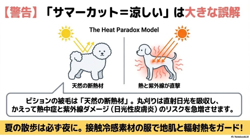 被毛という天然の断熱材を失うことで直射日光と紫外線が肌を直撃し、熱中症リスクが急増する仕組みを解説するイラスト