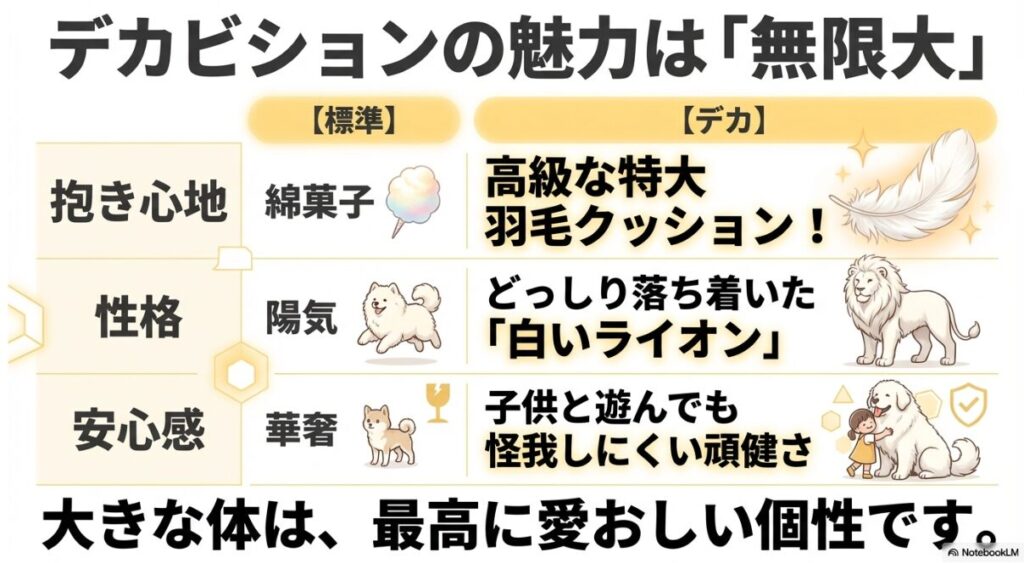 標準サイズの「綿菓子」のような抱き心地に対し、デカビションを「高級な特大羽毛クッション」や「白いライオン」に例え、その頑健さと安心感を強調する図