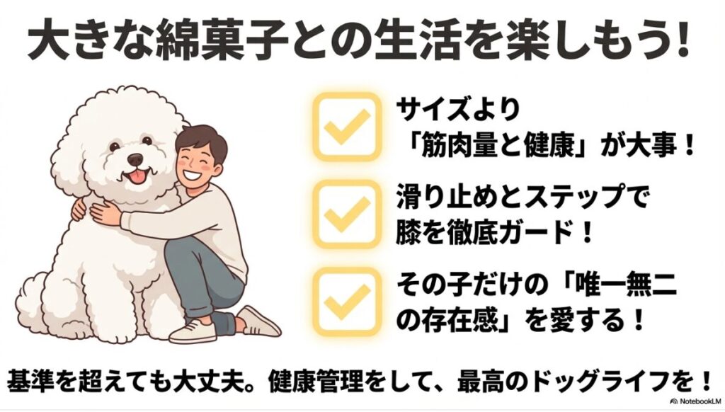 大きなビションフリーゼと笑顔の飼い主が触れ合うイラストと共に、筋肉量と健康を重視したドッグライフを推奨するメッセージ。