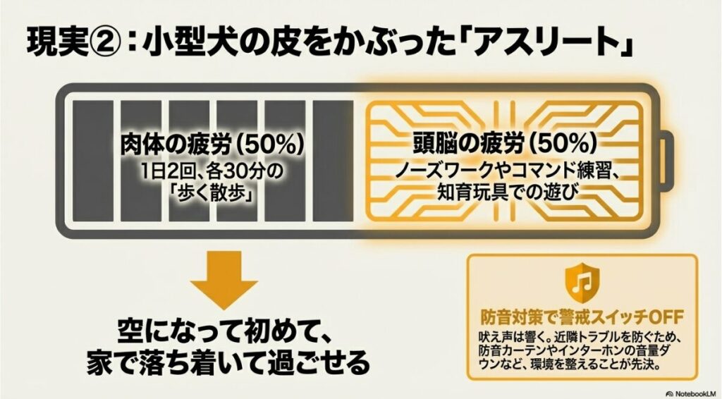 歩く散歩による肉体の疲労50%と、頭を使う遊びによる頭脳の疲労50%のバランス図