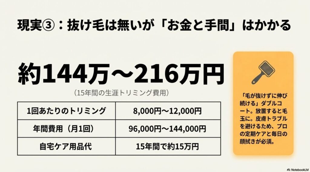 抜け毛は少ないが伸び続けるダブルコートの性質と、15年間で約144万〜216万円かかるトリミング費用の目安