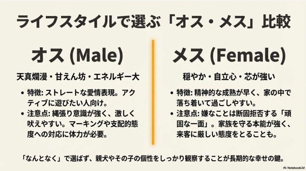 天真爛漫なオスと、自立心が強く穏やかなメスの特徴および注意点の比較表