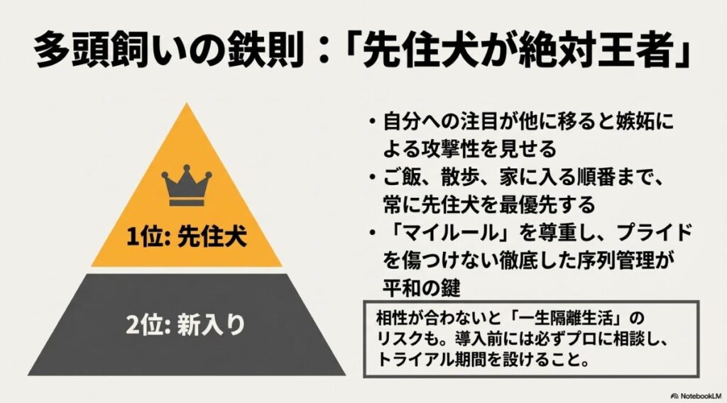 先住犬を1位、新入りを2位として常に最優先する、多頭飼い成功のための序列管理図