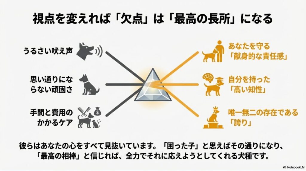 吠え声を責任感に、頑固さを知性に、ケアを誇りに変えるプリズムのような視点変換のイラスト