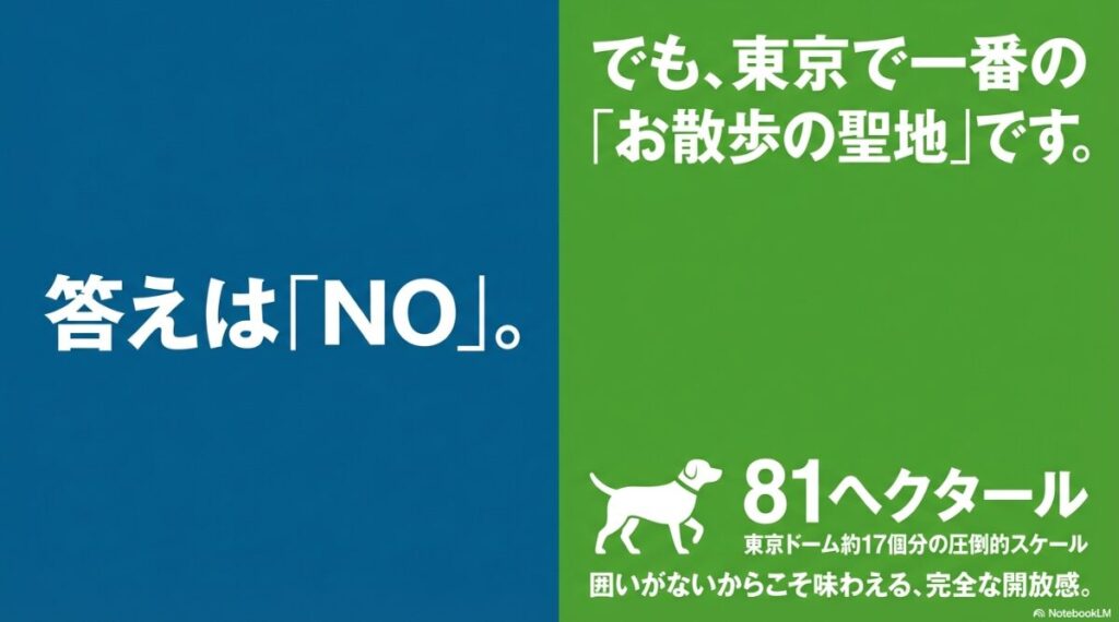 葛西臨海公園はドッグランはないが、東京ドーム17個分（81ヘクタール）の広さを誇るお散歩の聖地であり、囲いがないからこその開放感を伝えるスライド。