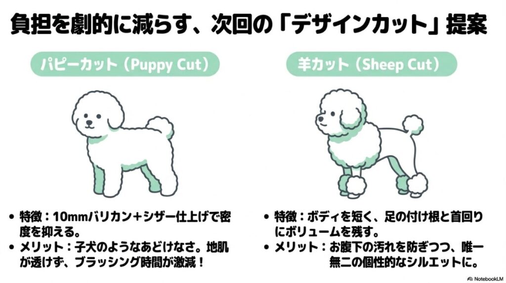 ブラッシング時間を短縮できるパピーカットと、お腹の汚れを防ぎつつ個性を出せる羊カットの特徴とメリットの比較