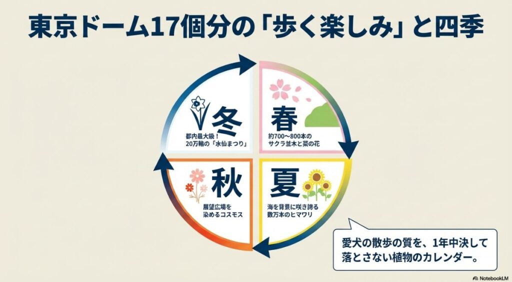 春のサクラ並木、夏のヒマワリ、秋のコスモス、冬の水仙まつりなど、一年中散歩の質を落とさない植物の見頃をまとめたサイクル図。
