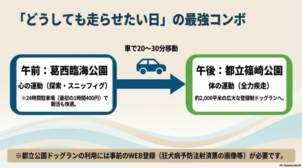 午前は葛西臨海公園で心の運動（探索）、午後は車で移動して都立篠崎公園のドッグランで体の運動（全力疾走）を楽しむおすすめのスケジュールを紹介するスライド