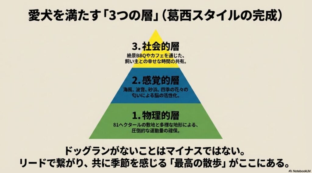 物理的層（運動）、感覚的層（脳の活性化）、社会的層（幸せの共有）の3つで愛犬を満たす「葛西スタイル」の完成形を示すピラミッド図