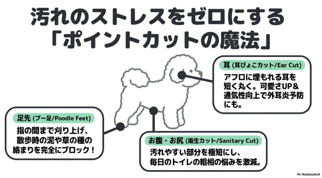 耳ぴょこカットによる外耳炎予防、プー足による泥汚れブロック、衛生カットによる排泄汚れ防止を説明する図解