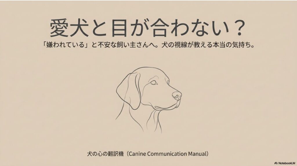 犬の横顔のイラストと「愛犬と目が合わない？『嫌われている』と不安な飼い主さんへ。犬の視線が教える本当の気持ち」というタイトルのスライド