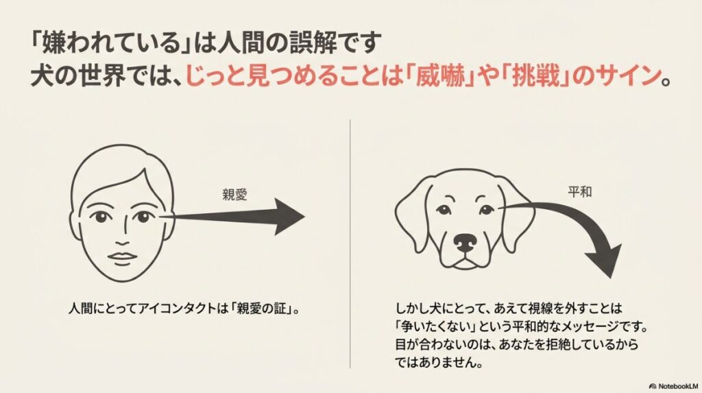 人間にとって視線は「親愛」だが、犬にとって視線を外すことは争いを避ける「平和」のメッセージであることを示す比較図 。