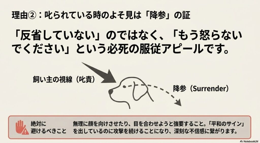叱られている犬が目を逸らすのは必死の服従アピールであり、無理に顔を向けさせることは不信感に繋がるという注意喚起