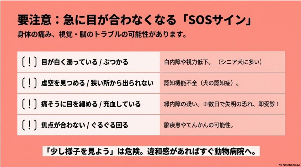 白内障（目が濁る）、認知症（虚空を見つめる）、緑内障（充血・痛み）、脳疾患（焦点が合わない）など、要注意な症状をまとめた表 。