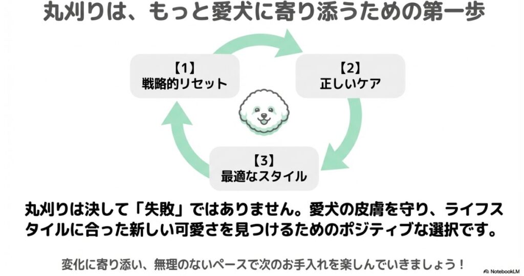 戦略的リセット、正しいケア、最適なスタイルの3つのステップで愛犬に寄り添うことを提案するまとめ画像