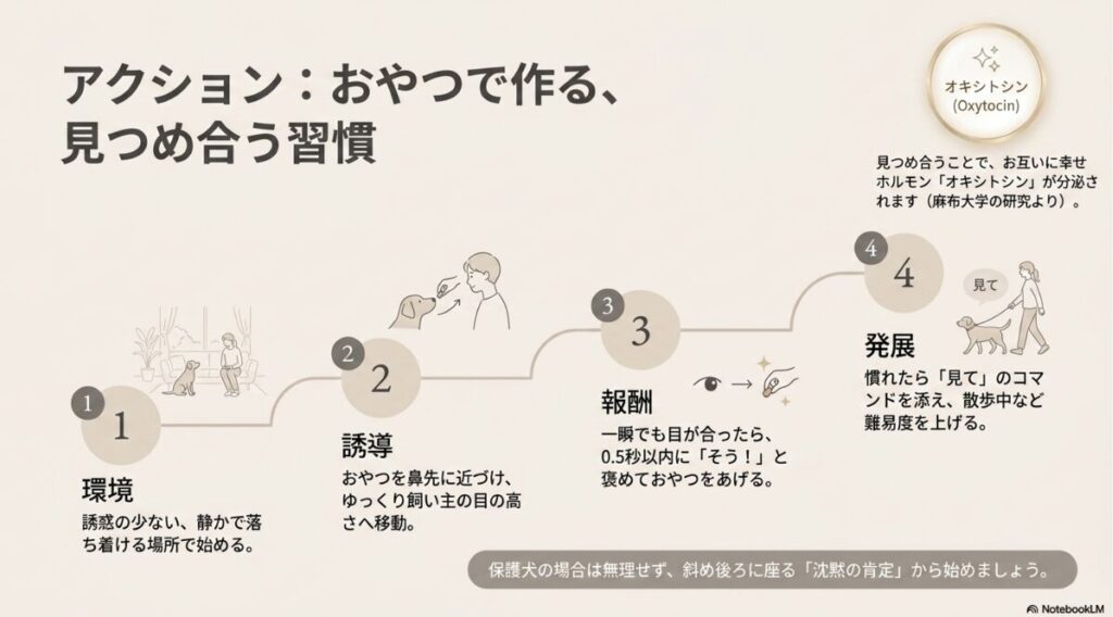 1.環境、2.誘導、3.報酬、4.発展の4ステップで、オキシトシンの分泌を促すアイコンタクト訓練の方法を解説するイラスト 。