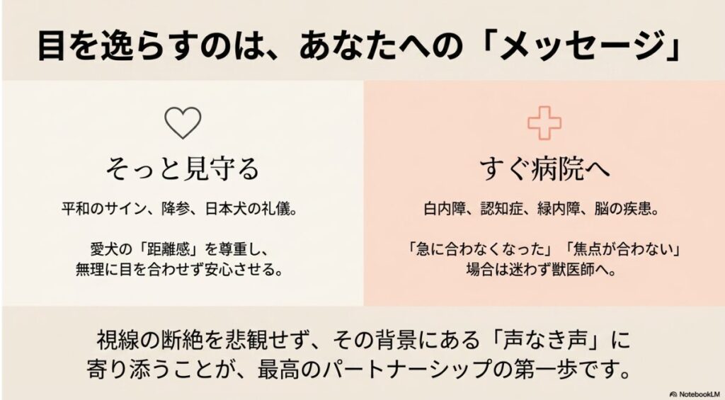 目を逸らす理由（平和・降参・礼儀）と受診すべきサインを総括し、犬の背景に寄り添うことの大切さを伝えるまとめスライド