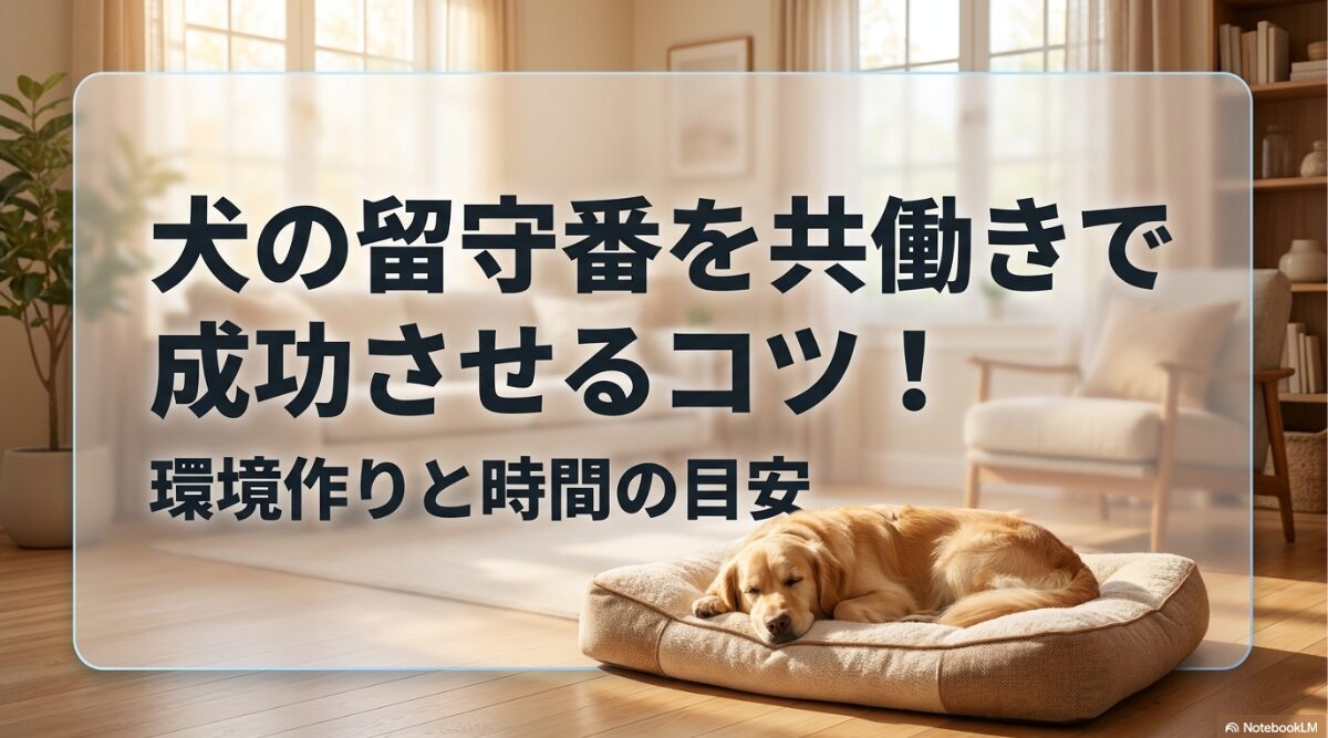 「犬の留守番を共働きで成功させるコツ！環境作りと時間の目安」というタイトルと、時計のイラストが描かれたスライド
