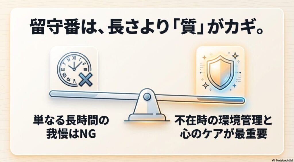 「留守番は、長さより『質』がカギ。単なる長時間の我慢はNG」と書かれた、不在時の環境管理と心のケアの重要性を伝えるスライド 。