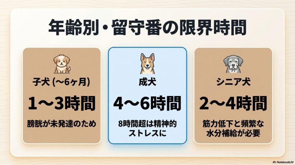 子犬（1〜3時間）、成犬（4〜6時間）、シニア犬（2〜4時間）の留守番限界時間とその理由を分かりやすくまとめた表のスライド 。