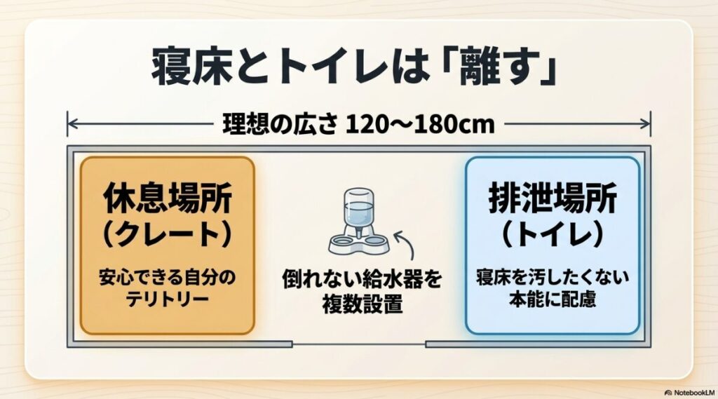 寝床とトイレを離して配置し、幅120〜180cmの広さを確保したサークルの理想的なレイアウトと、給水器設置のポイントを示した図解スライド