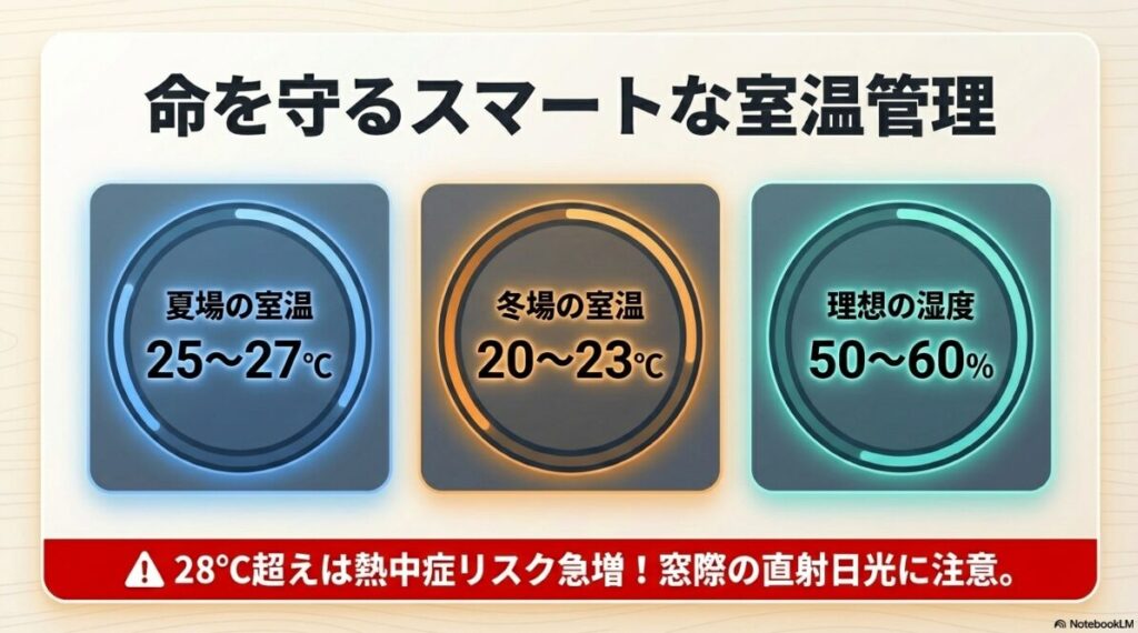 夏場（25〜27℃）、冬場（20〜23℃）、湿度（50〜60％）の推奨設定値と熱中症リスクへの注意を促すスライド 。