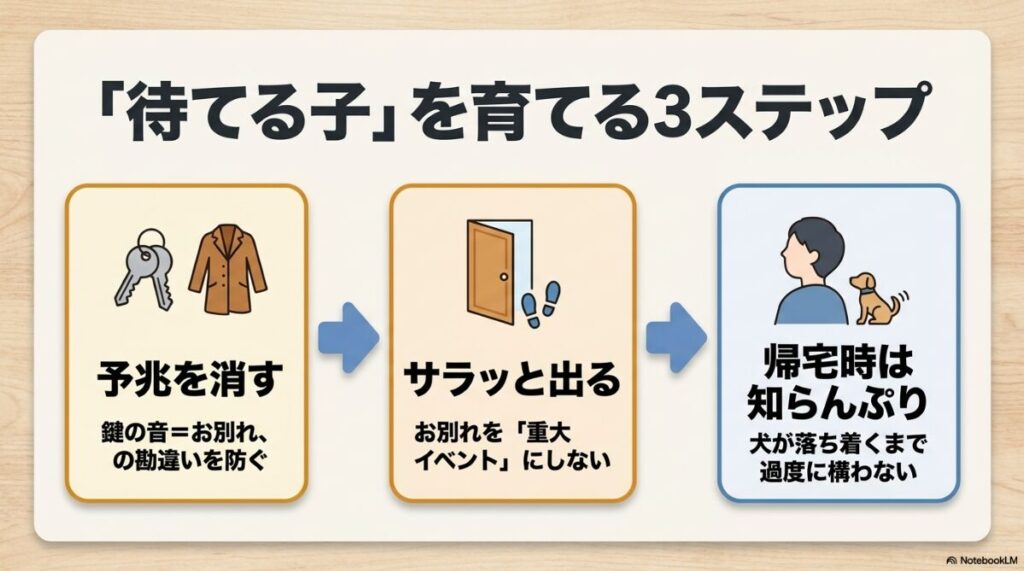 1.予兆を消す、2.サラッと出る、3.帰宅時は知らんぷり、という留守番トレーニングの具体的な3ステップを解説したスライド 。