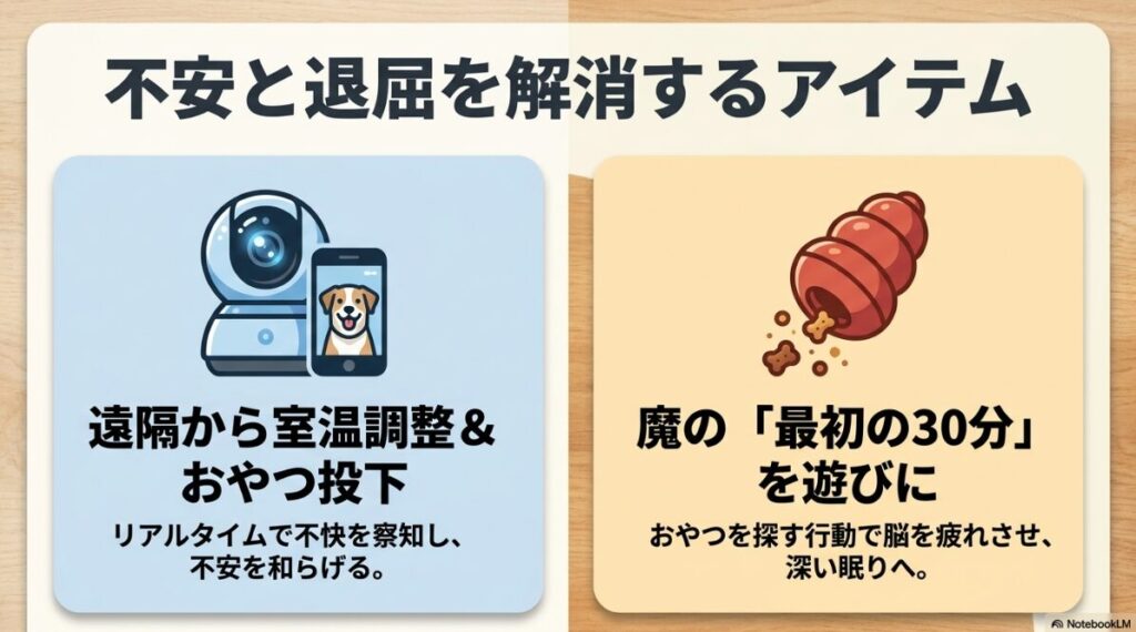 見守りカメラによる遠隔室温調整や、知育玩具（コング）におやつを詰めて退屈をしのぐ活用イメージを描いたスライド