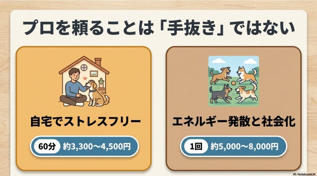 プロを頼ることは手抜きではないというメッセージと共に、ドッグシッターと犬の保育園のメリットや料金目安をまとめたスライド