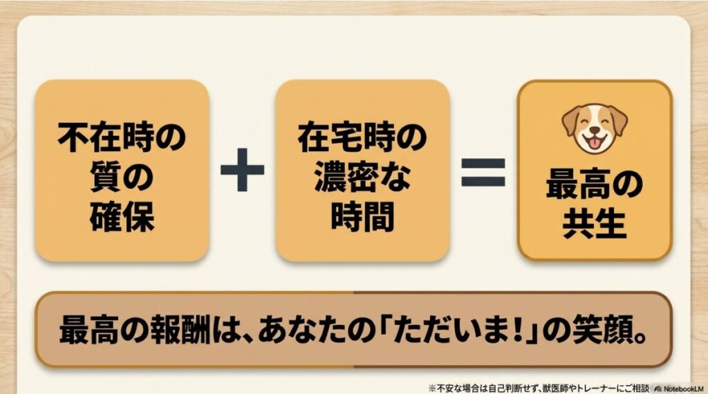 「不在時の質の確保＋在宅時の濃密な時間＝最高の共生」という、この記事の結論を可愛らしいイラストと共にまとめた最終スライド 。