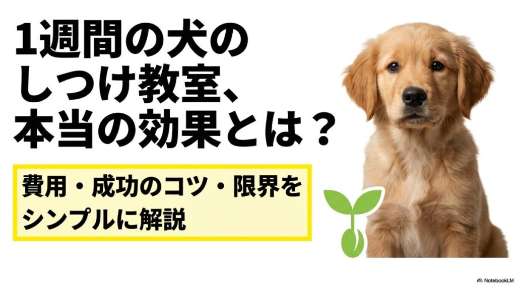 1週間の犬のしつけ教室の本当の効果、費用、成功のコツ、限界を解説するタイトルのスライド