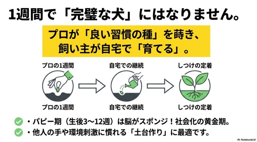 プロが「良い習慣の種」を蒔き、飼い主が自宅で「育てる」ことでしつけが定着する流れを説明するイラスト