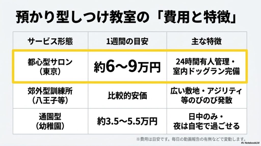 東京の都心型サロン、八王子などの郊外型訓練所、通園型それぞれの費用目安と特徴をまとめた比較表