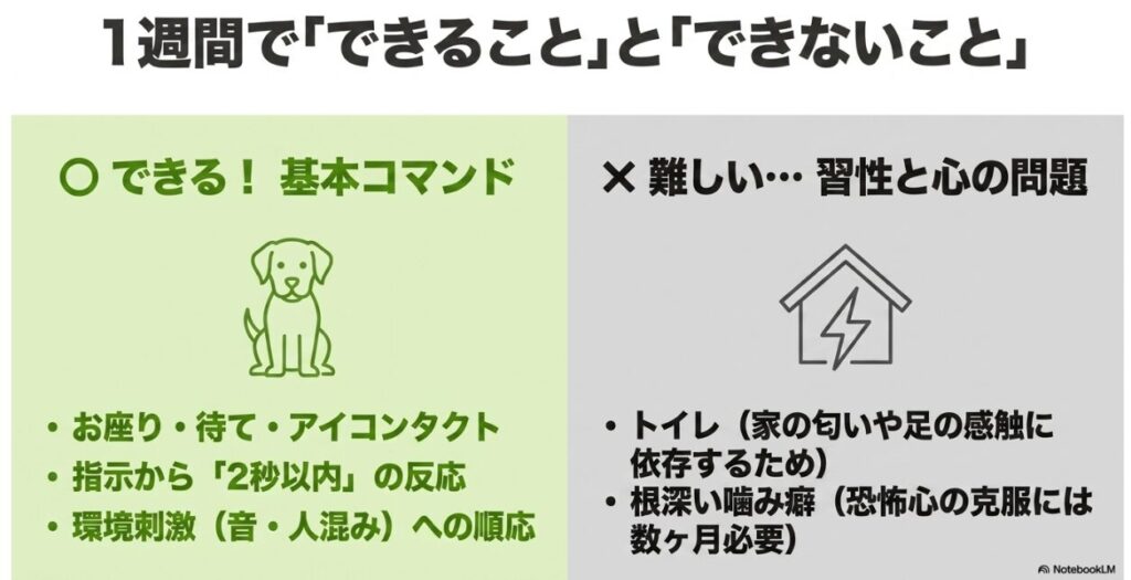 基本コマンドの習得や環境順応はできるが、トイレや根深い噛み癖は一週間では難しいことを示す対比リスト