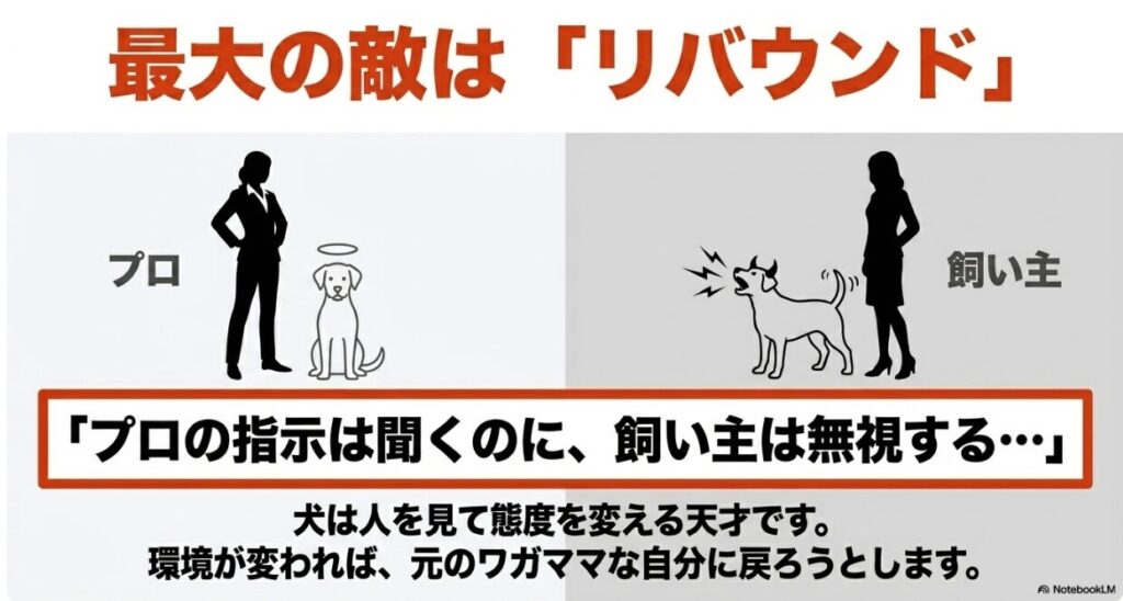 プロの指示は聞くが飼い主は無視するリバウンドの例と、環境が変わるとワガママに戻ろうとする犬の習性を示すイラスト