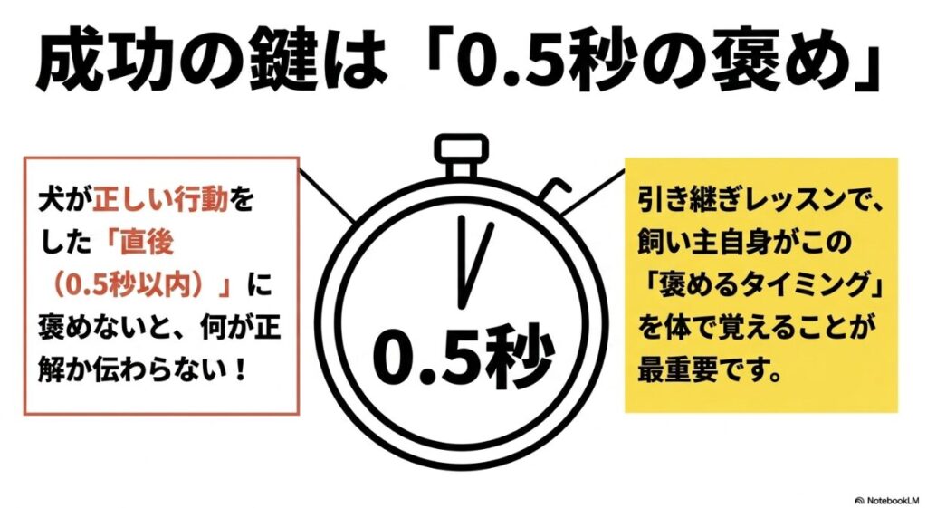 正しい行動の直後（0.5秒以内）に褒めることで正解を伝えることの重要性と、引き継ぎレッスンの必要性を説明する図解