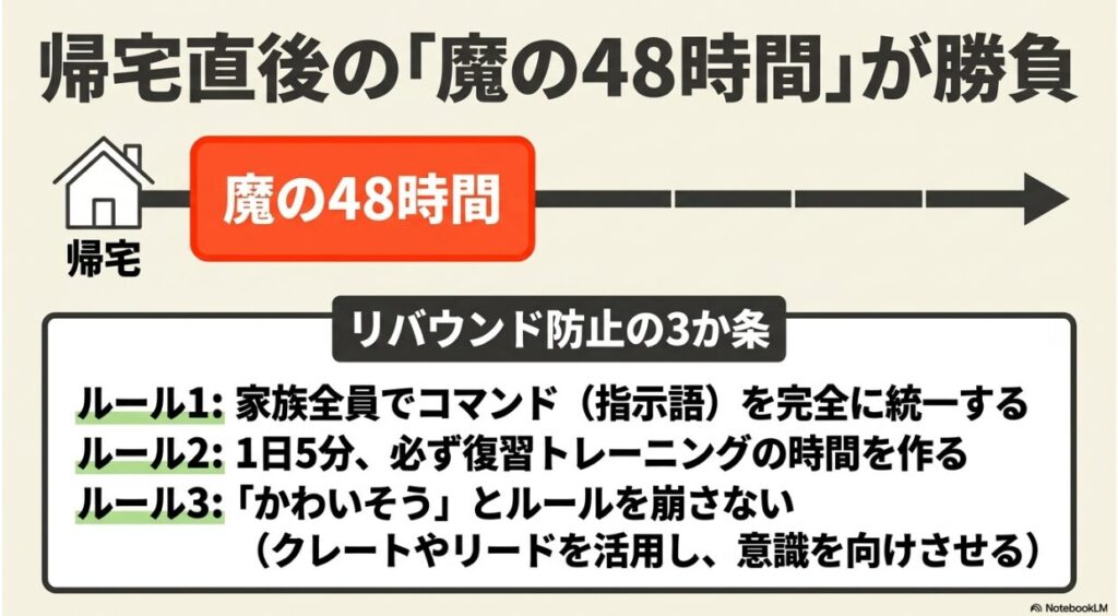 帰宅直後の48時間の重要性と、コマンドの統一、1日5分の復習、ルールの徹底という防止策のリスト